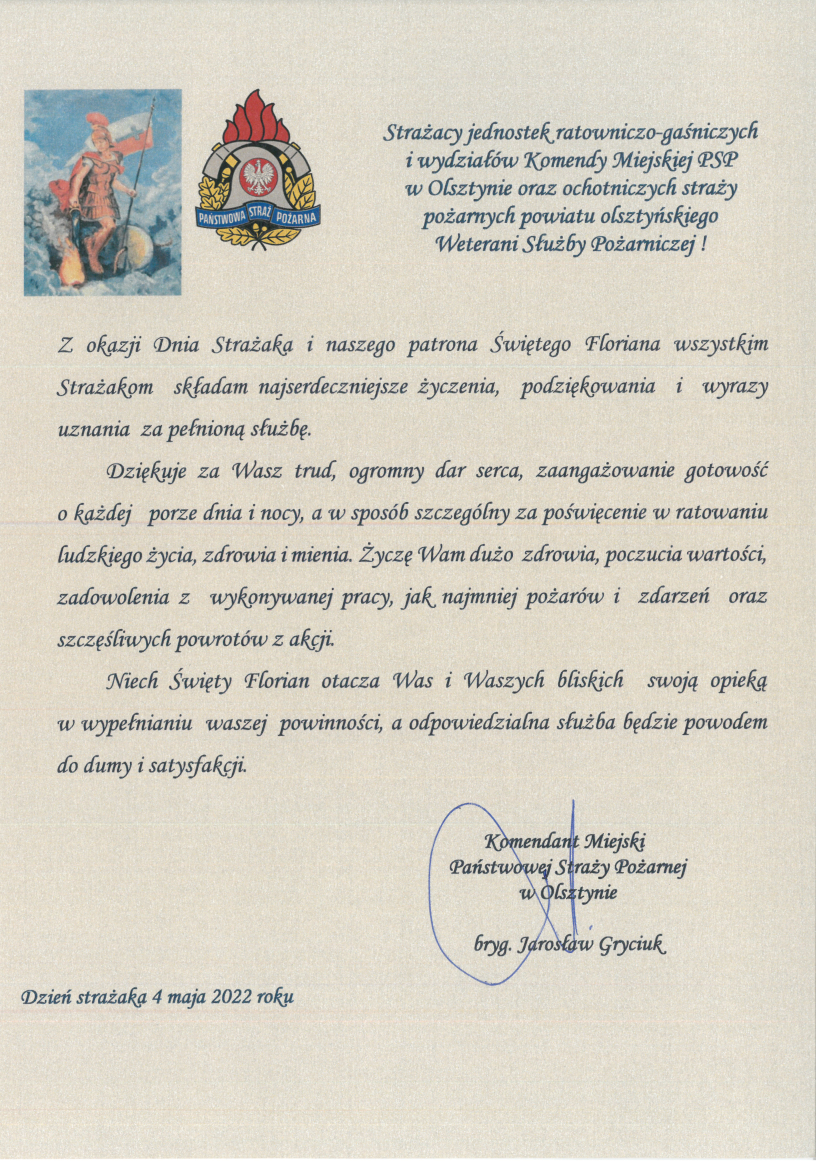 Życzenia Komendanta Miejskiego PSP w Olsztynie