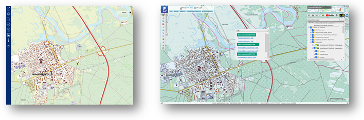 Ilustracja przedstawia zaktualizowany zbiór danych BDOT10k dla fragmentu powiatu białobrzeskiego w Portalu BDOT10k oraz w usłudze Baza Danych Obiektów Topobraficznych.