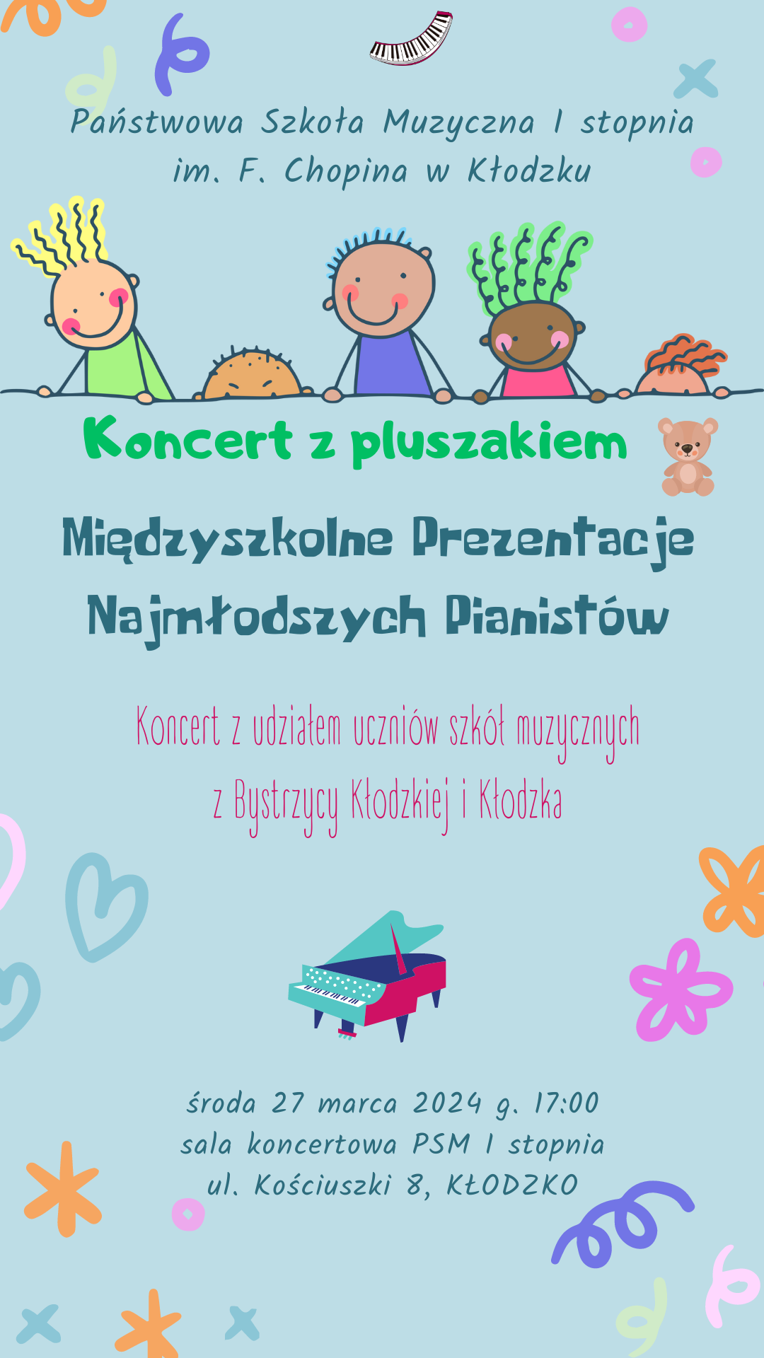Plakat na niebieskim tle z informacją tekstową dotyczącą koncertu Międzyszkolnych Prezentacji Najmłodszych Pianistów - 27 marca 2024