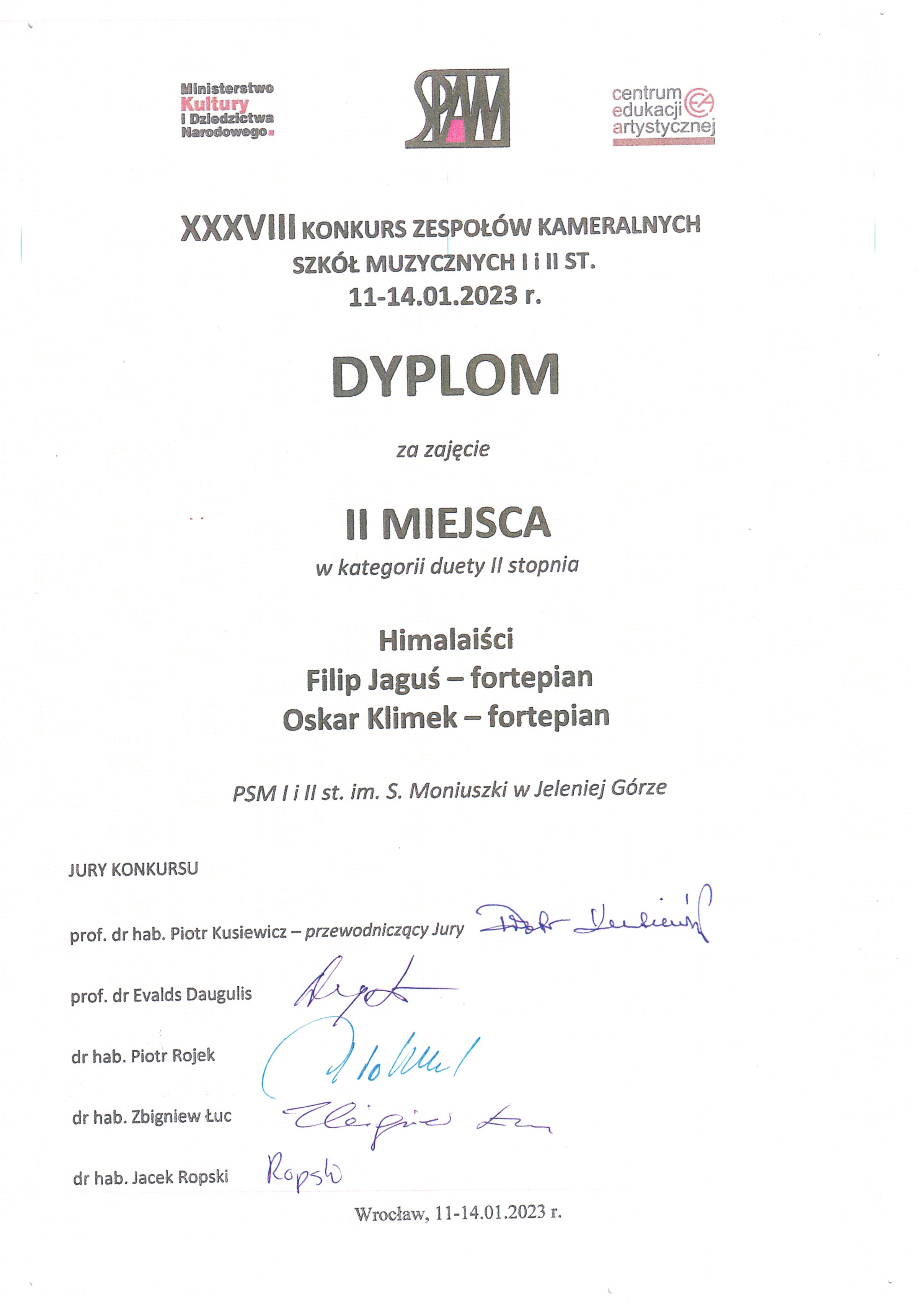 Dyplom za zajęcie II miejsca w kategorii duety II stopnia Himalaiści Filip Jaguś - fortepian, Oskar Klimek - fortepian