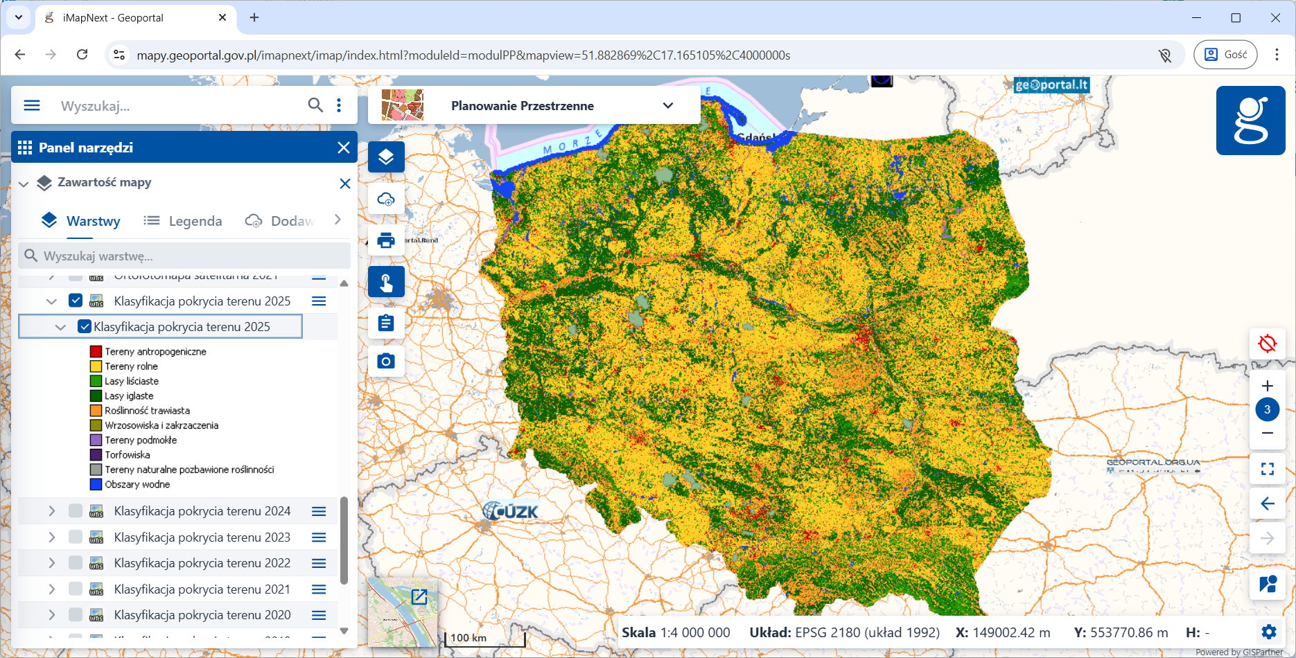 Zrzut ekranu z modułu "Planowanie Przestrzenne" z włączoną nowo udostępnioną warstwą "Klasyfikacja pokrycia terenu 2025".