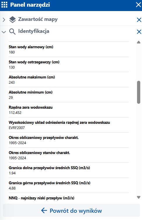 zrzut ekranu z serwisu www.geoportal.gov.pl przedstawiający informacje o stacji hydrologicznej