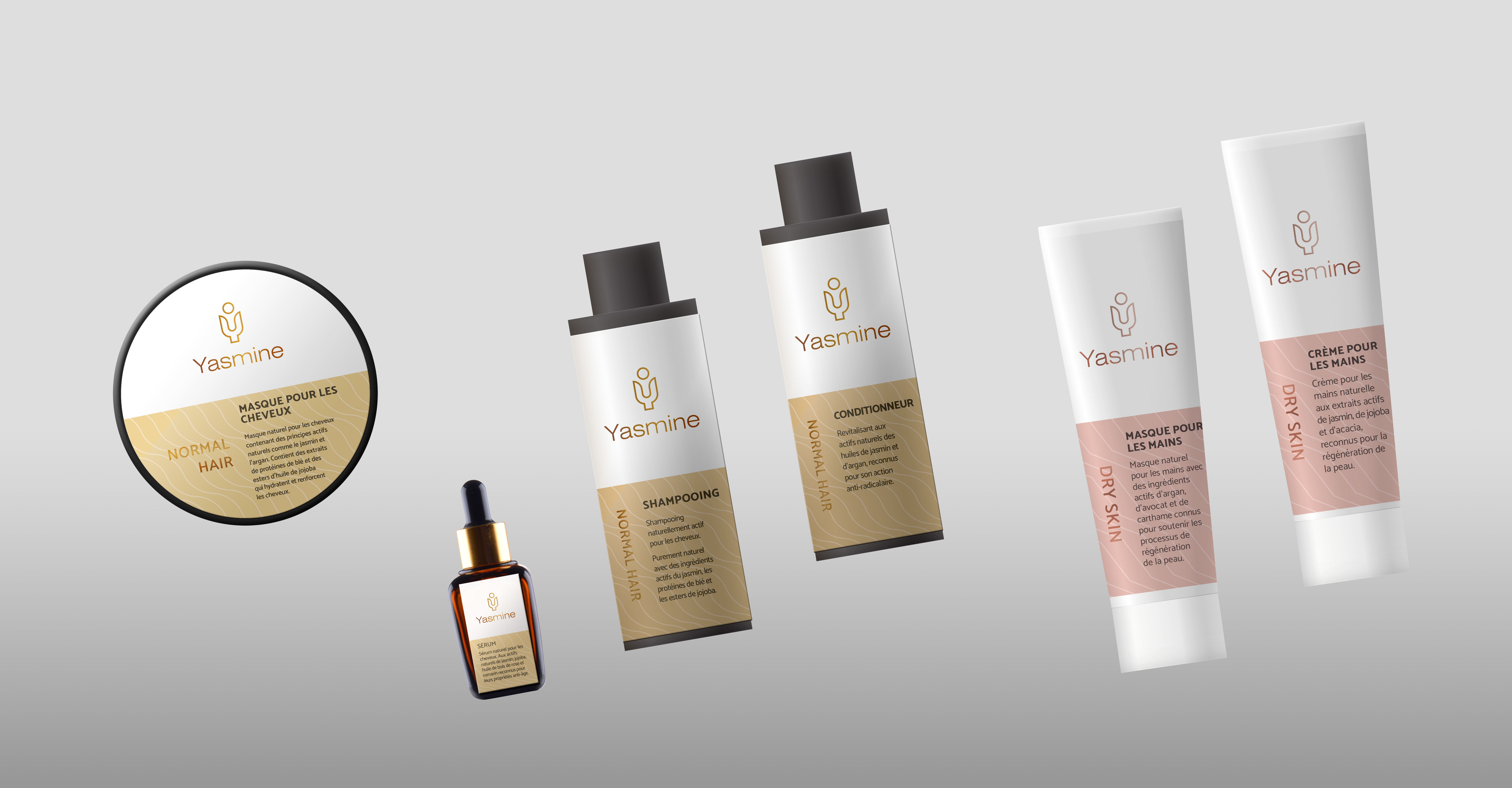 Kompletna seria kosmetyków naturalnych Yasmine. Wszystkie receptury są wolne od soli sodowych alkilosiarczanów i ich analogów, zgodnie z celem Projektu