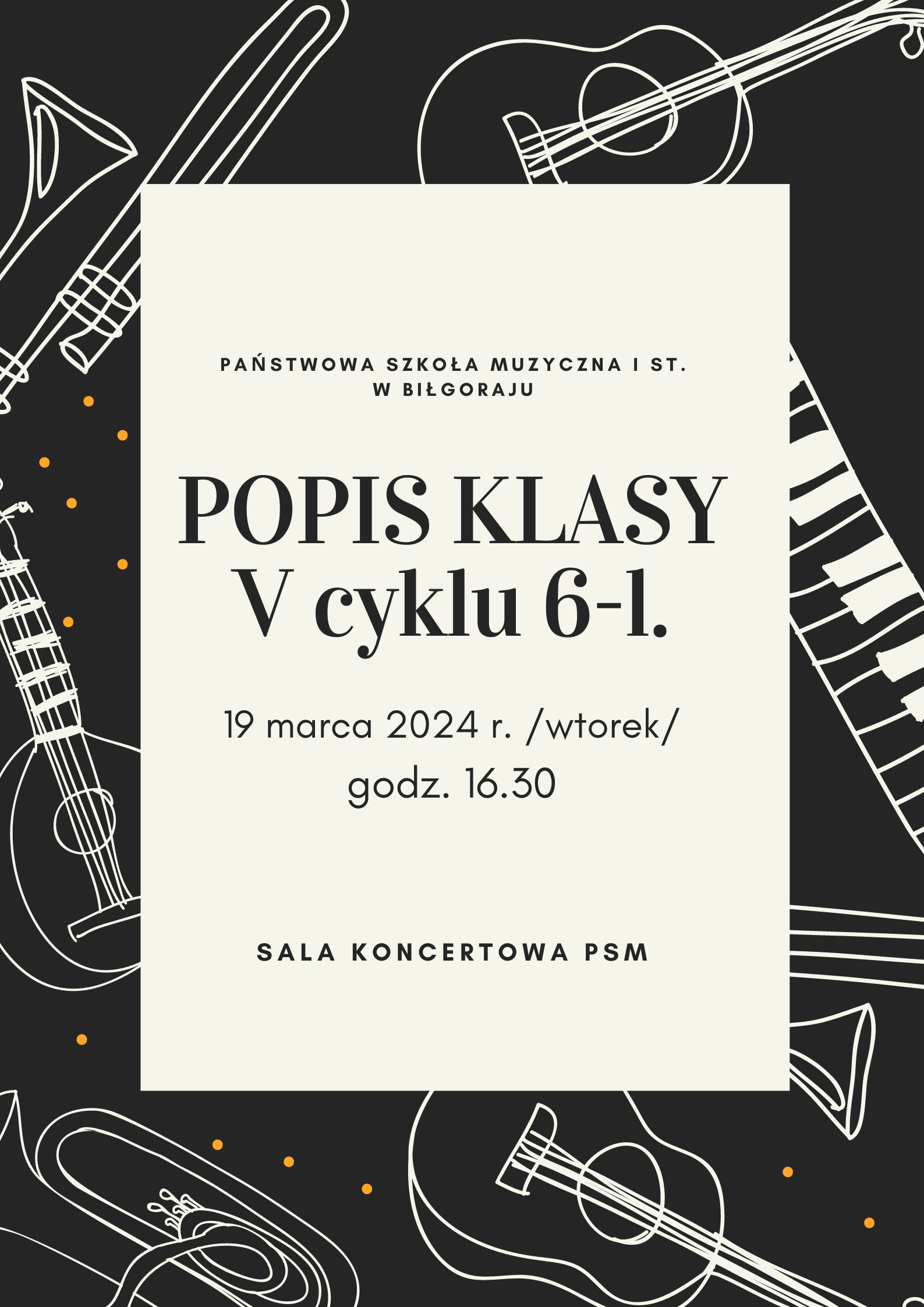 Popis uczniów klasy V. 14.03.2024 r. w PSM I stopnia w Biłgoraju. Elementy dekoracyjne. Ciemne tło. Instrumenty muzyczne. 