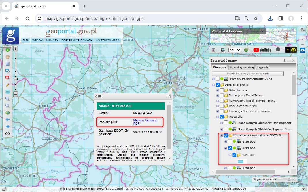 Ilustracja przedstawia zrzut ekranu z serwisu www.geoportal.gov.pl prezentujący sposób pobierania wizualizacji kartograficznych BDOT10k