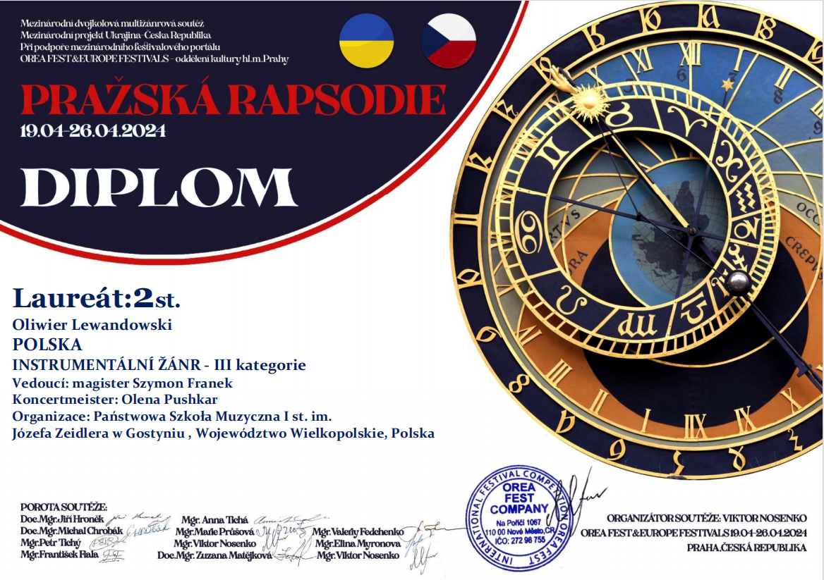 W lewym górnym rogu, na granatowym tle widnieje nazwa konkursu. Poniżej widać tytuł i nazwisko laureata. Po prawej stronie znajduje się praski zegar astronomiczny. W pasku na samym dole zostali wymienieni członkowie jury oraz organizatorzy konkursu. 