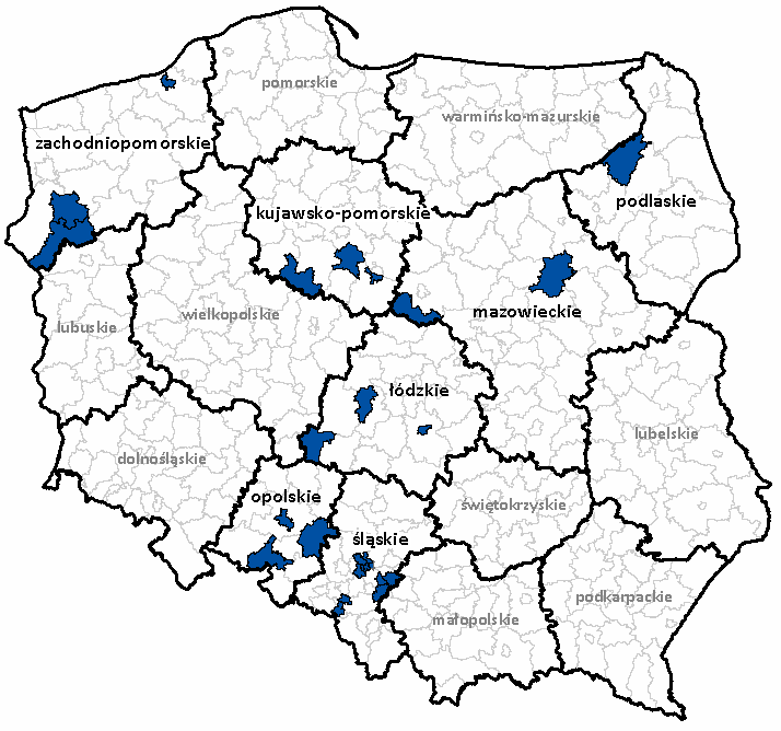Ilustracja przedstawia obszary powiatów, dla których podpisane zostały umowy na aktualizację zbiorów danych BDOT10k