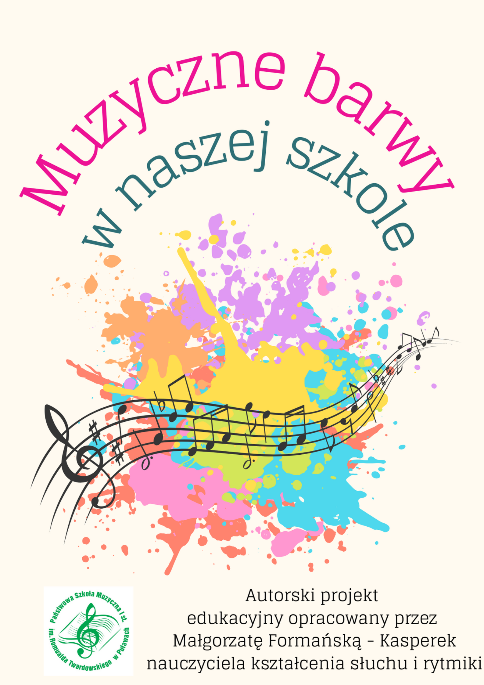 Plakat przedstawiający nuty na pięciolinii na kolorowym tle