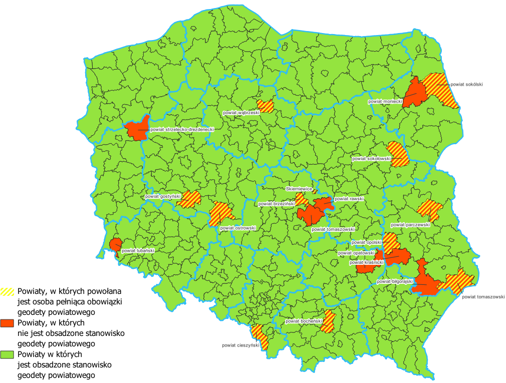 Mapa, na której przedstawiono stan obsadzenia stanowisk geodety powiatowego