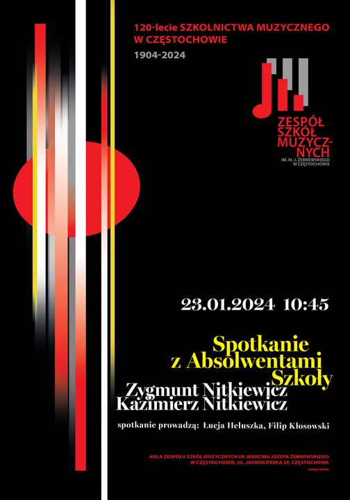 Na czarnym tle logo szkoły i informacje o spotkaniu z absolwentami szkoły