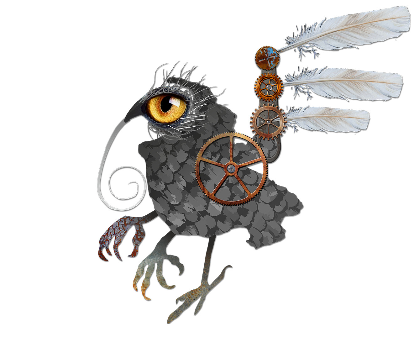 Nowoczesna interpretacja loga szkoły przedstawiająca sylwetkę ptaka w ujęciu z boku, dziobem skierowanym w lewą stronę i i zakończonym ssawką, jak u motyli. Na głowie duże żółte oko z długimi rzęsami. Na skrzydle widoczne trzy pióra, które przytrzymują zardzewiałe zębatki. Cała sylwetka wsparta na trzech nogach.