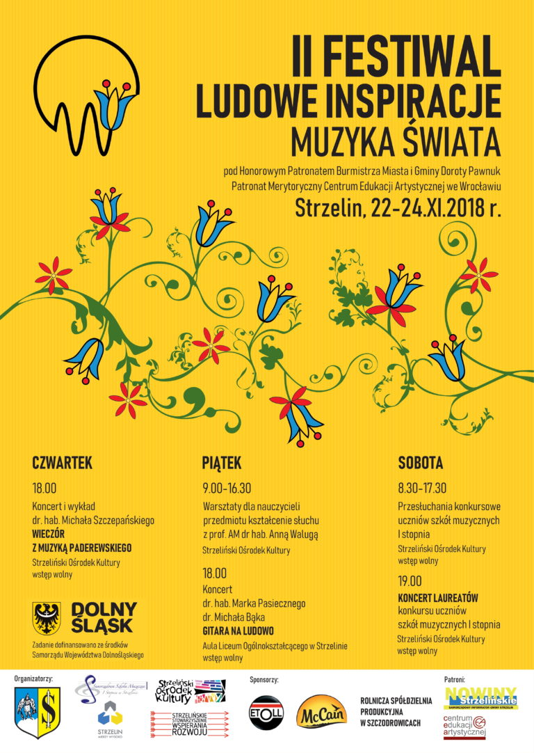 Plakat ma żółte tło. W jego środkowej części znajduje się kolorowa grafika nawiązująca do ludowego zdobnictwa. Wokół niej znajdują się informacje dotyczące wydarzeń festiwalowych. W dolnej części plakatu znajdują się loga sponsorów.