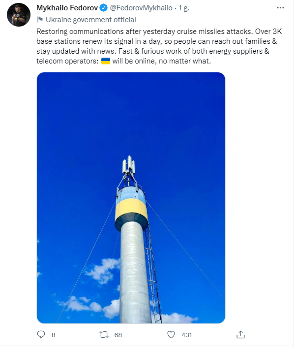 Zrzut ekranu z serwisu Twitter z wpisem Mykhailo Fedorowa, wicepremiera Ukrainy ds. cyfryzacji.