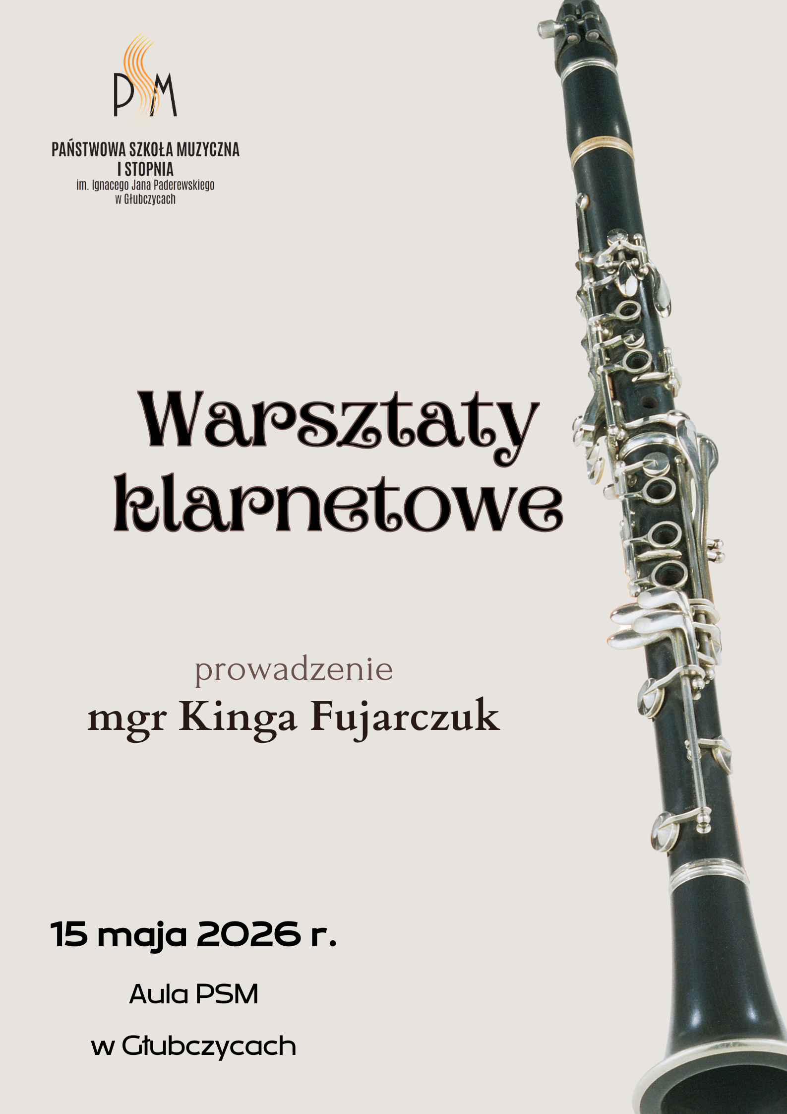 Warsztaty klarnetowe 15 maja 2026 r. prowadzenie p. Kinga Fujarczuk