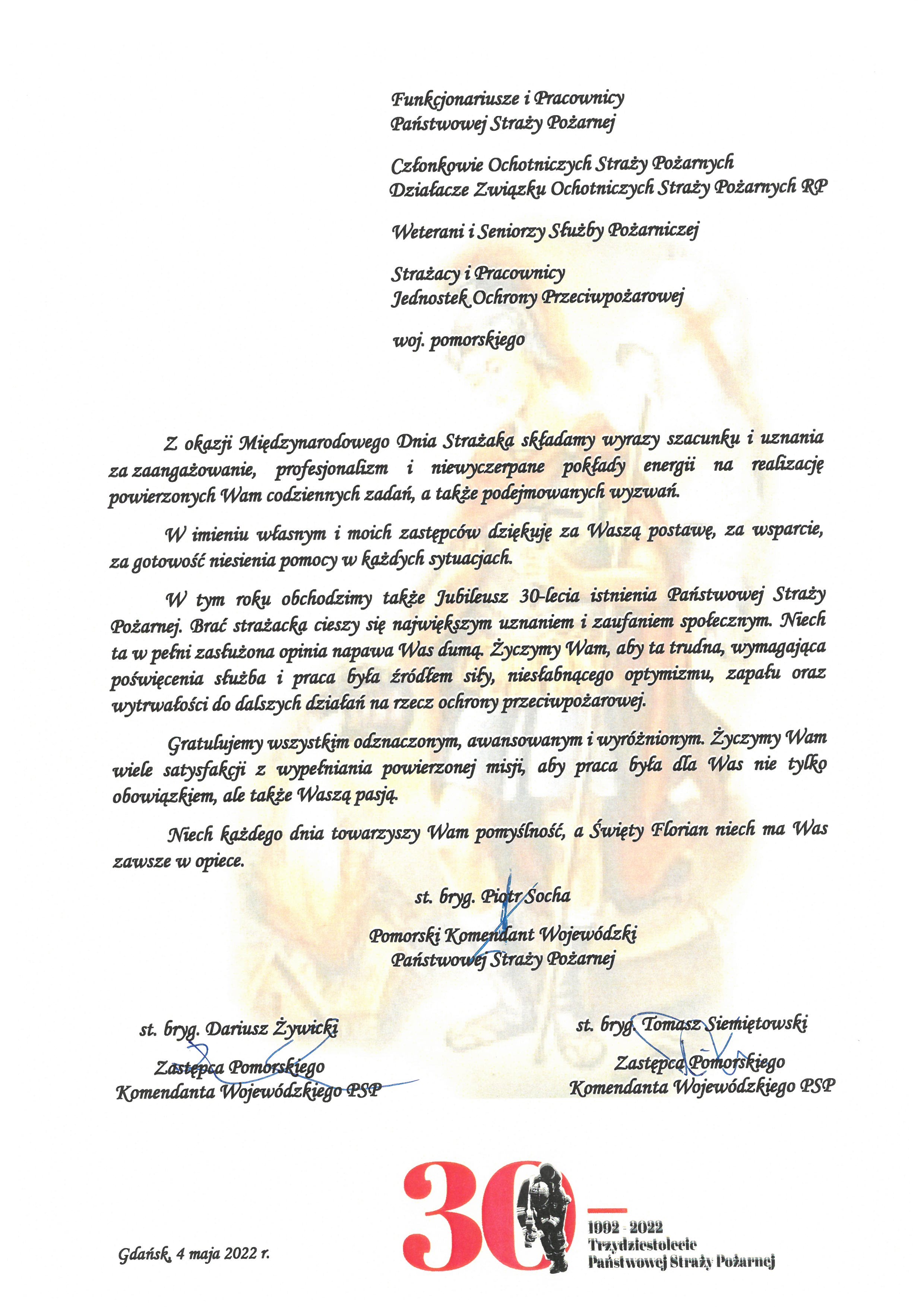 Życzenia Kierownictwa KW PSP w Gdańsku z okazji Dnia Strażaka
