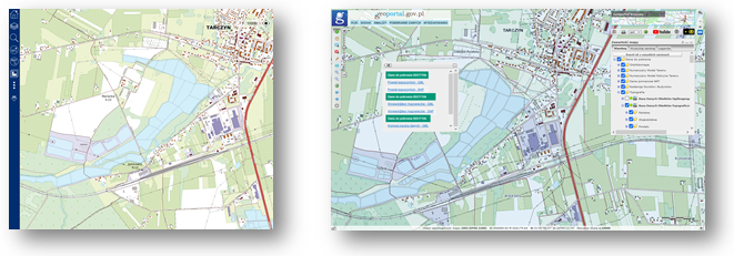 Ilustracja przedstawia zaktualizowany zbiór danych BDOT10k dla fragmentu powiatu piaseczyńskiego w Portalu BDOT10k oraz w usłudze Baza Danych Obiektów Topobraficznych.