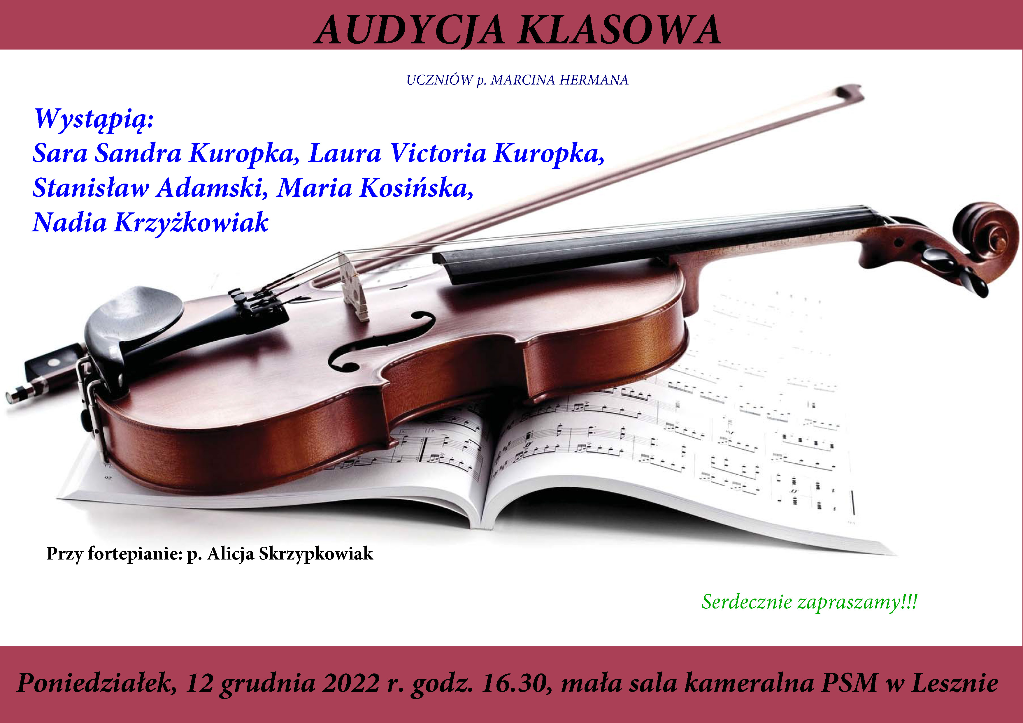 Plakat z białym tłem, na dole i u góry ciemnoróżowe paski z informacjami w kolorze czarnym, w środku zdjęcie skrzypiec położonych na książce z nutami. 