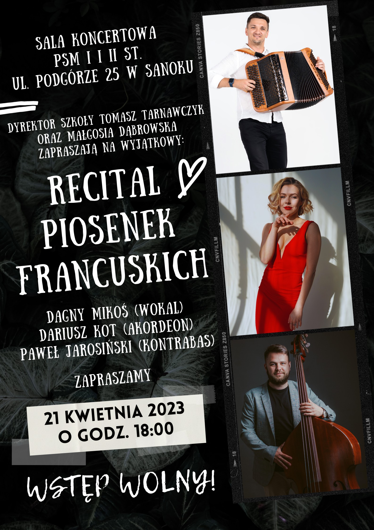 Plakat Recital Piosenek Francuskich. Zdjęcia wykonawców Dagny Mokoś wokal, Dariusz Kot akordeon, Paweł Jarosiński kontrabas. Białe litery na ciemnym tle
