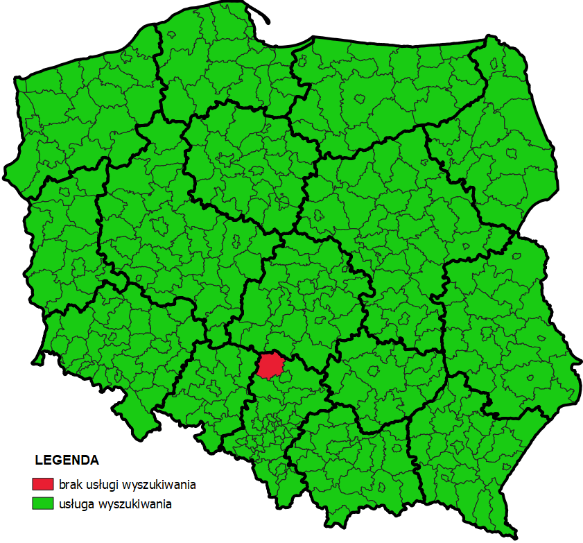 Ilustracja przedstawia mapę Polski z podziałem na powiaty. Wszystkie zaznaczone są kolorem zielonym, a powiat kłobucki kolorem czerwonym.