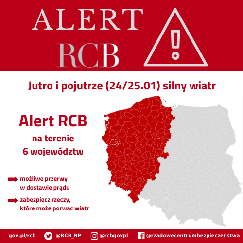 Alert RCB - silny wiatr - 24/25 stycznia.