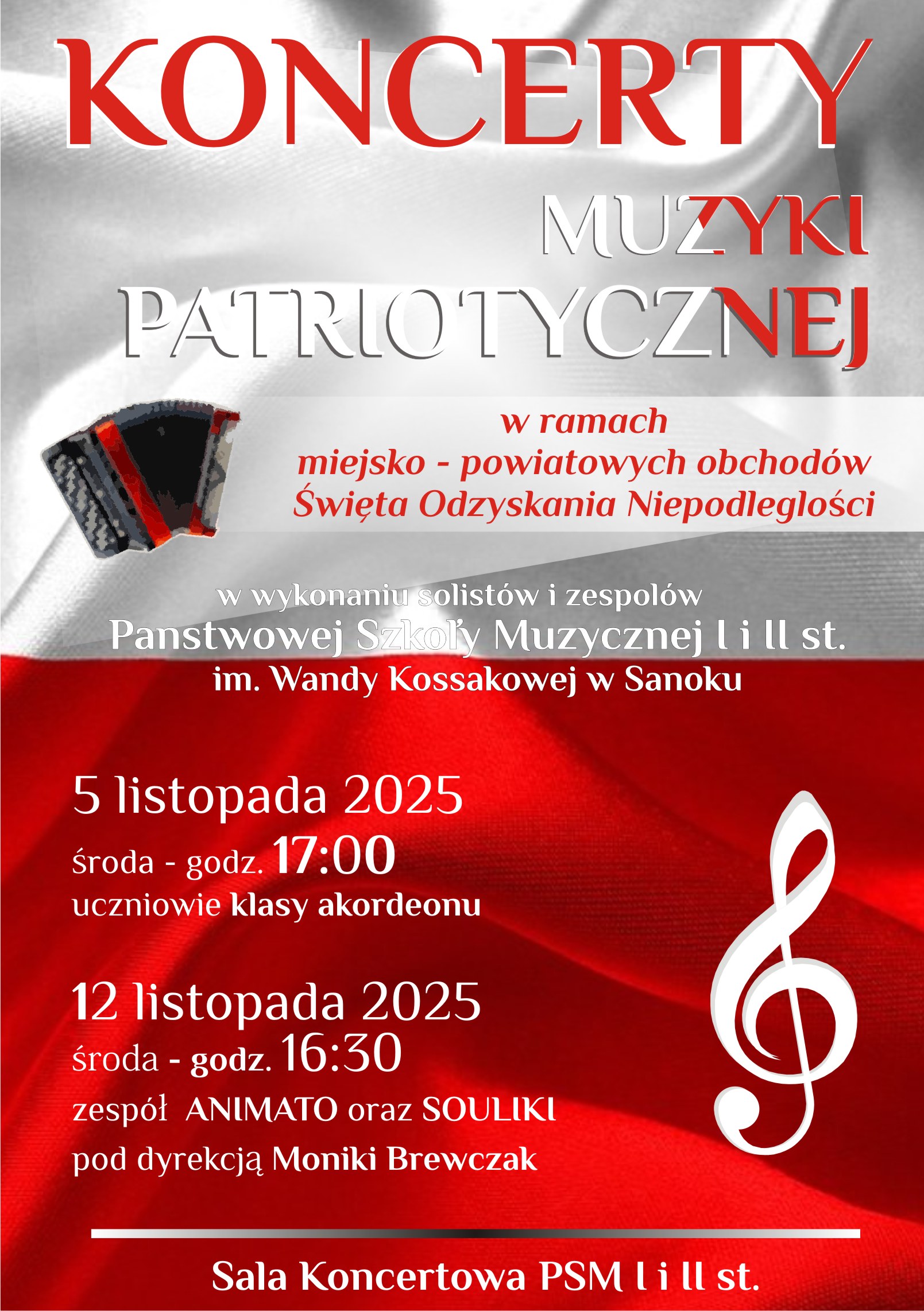 Plakat Koncerty Muzyki Patriotycznej listopad 2025. W tle flaga Polski, klucz wiolinowy, akordeon, białe litery