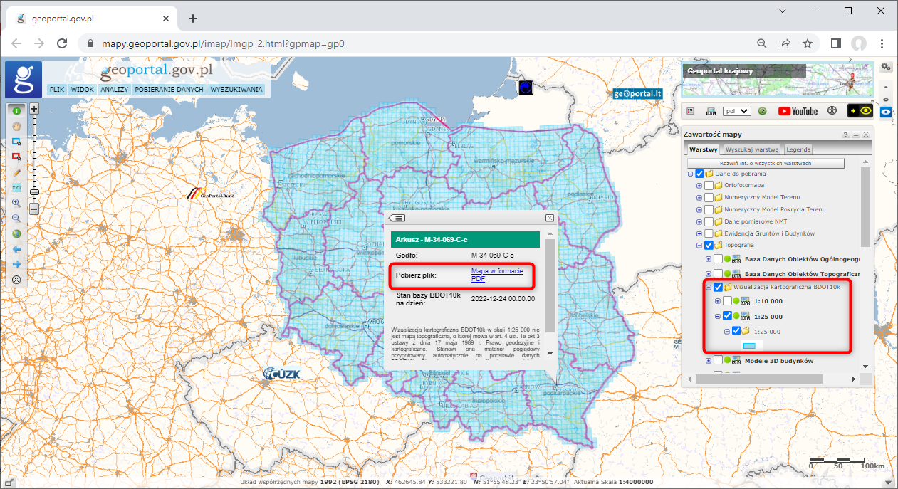 Ilustracja przedstawia zrzut ekranu z serwisu www.geoportal.gov.pl pokazujący w jaki sposób pobrać wizualizacje kartograficzne BDOT10k w skali 1:25000.