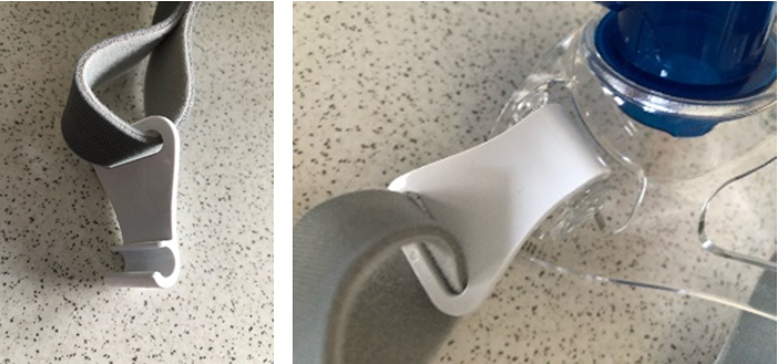 Zaczep paska maski Philips Respironics stosowanej w leczeniu pacjentów na oddziale intensywnej terapii