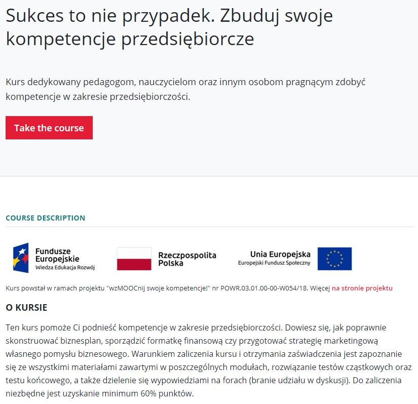 Zrzut z ekranu, wprowadzenie do kursu „Sukces to nie przypadek. Zbuduj swoje kompetencje przedsiębiorcze” na platformie navoica.pl.