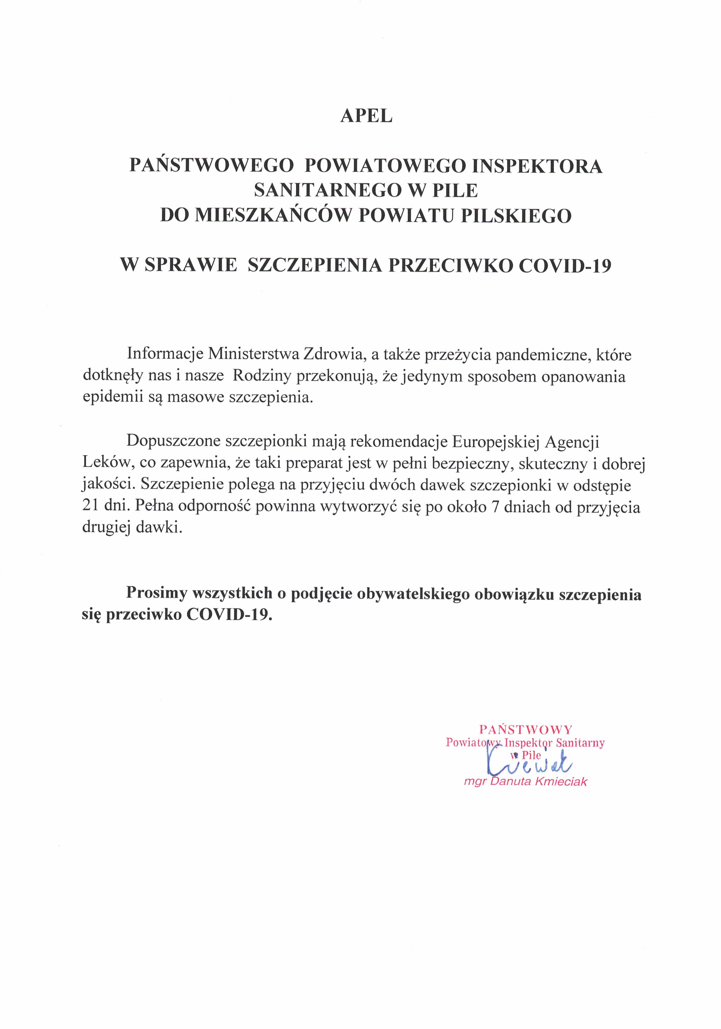 Apel Państwowego Powiatowego Inspektora Sanitarnego w Pile do mieszkańców powiatu pilskiego w sprawie szczepienia przeciwko COVID-19
