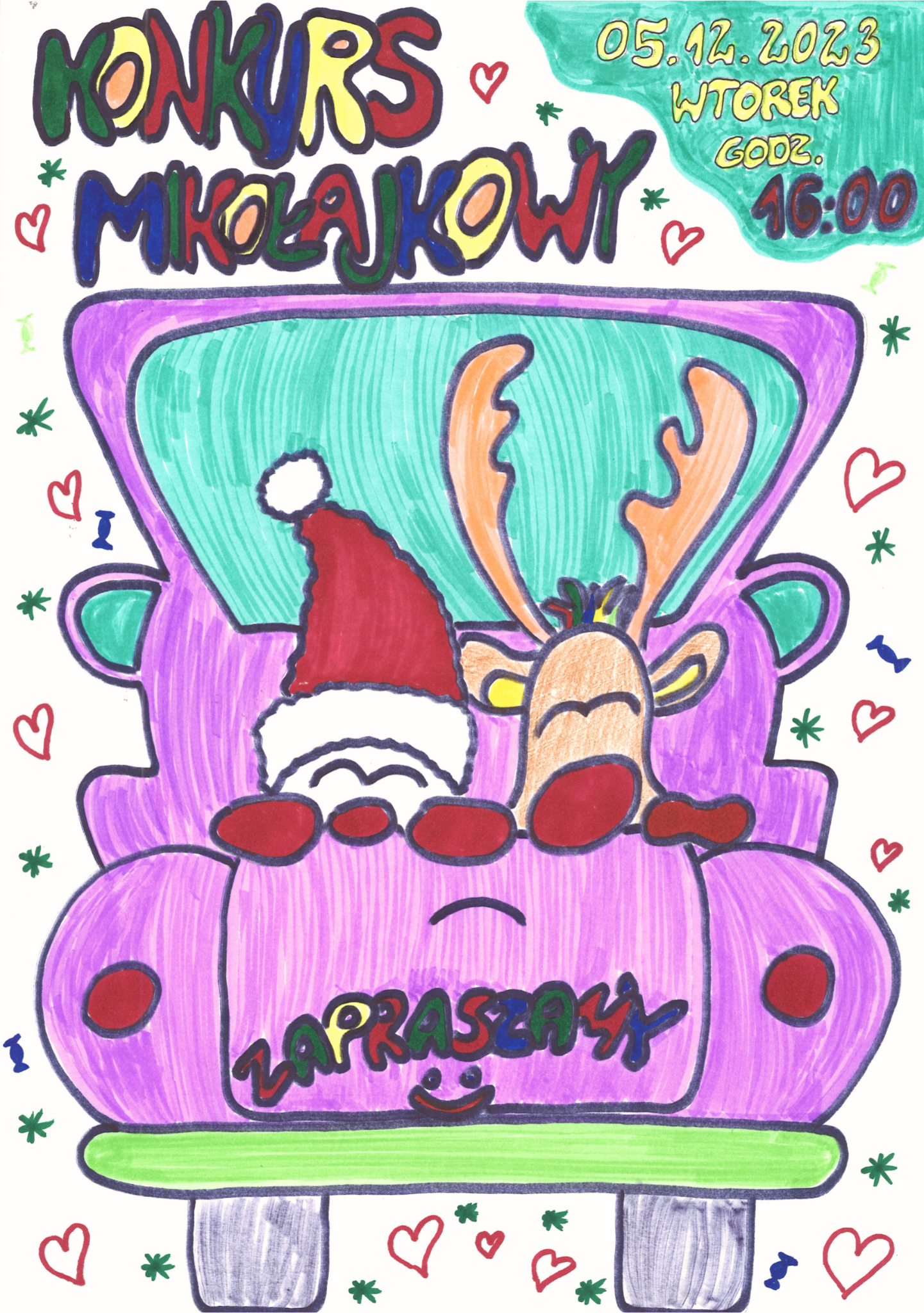 Ma plakacie widoczny jest tył samochodu pick-up. Z paki wystaje fragment Świętego Mikołaja oraz fragment renifera Rudolfa z czerwonym nosem. U góry plakatu z lewej strony jest napis Konkurs Mikołajkowy. Z prawej strony u góry widoczna jest data konkursu 4 grudnia 2023 oraz godzina 16.00. Na dole plakatu na klapie auta widnieje napis zapraszamy. W wolnych miejscach po bokach, u góry i na dole plakatu widoczne są nieregularne małe gwiazdki, cukierki oraz serca. Plakat jest analogowy. Stworzony z głowy przez nauczyciela gitary. Wzory nie zostały zaczerpnięte z zasobów graficznych żadnego programu. Wykonany markerami, flamastrami oraz kredkami.