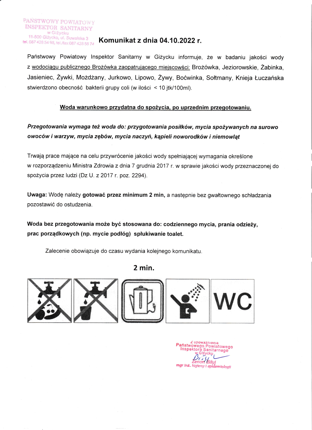 Komunikat z dnia 04.10.2022 r. (dot. wodociągu publicznego Brożówka)