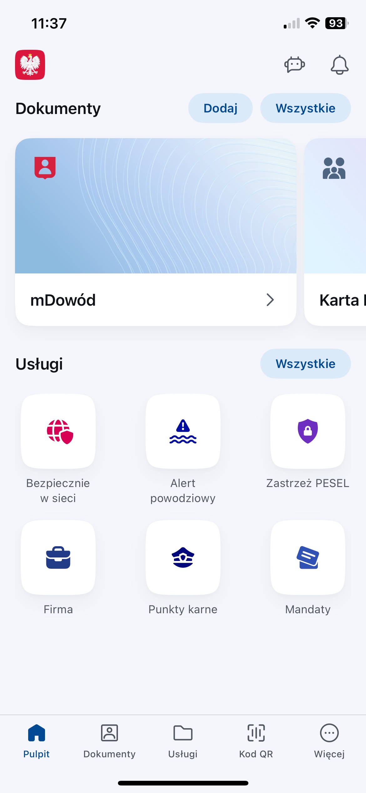 Widok strony głównej aplikacji mObywatel