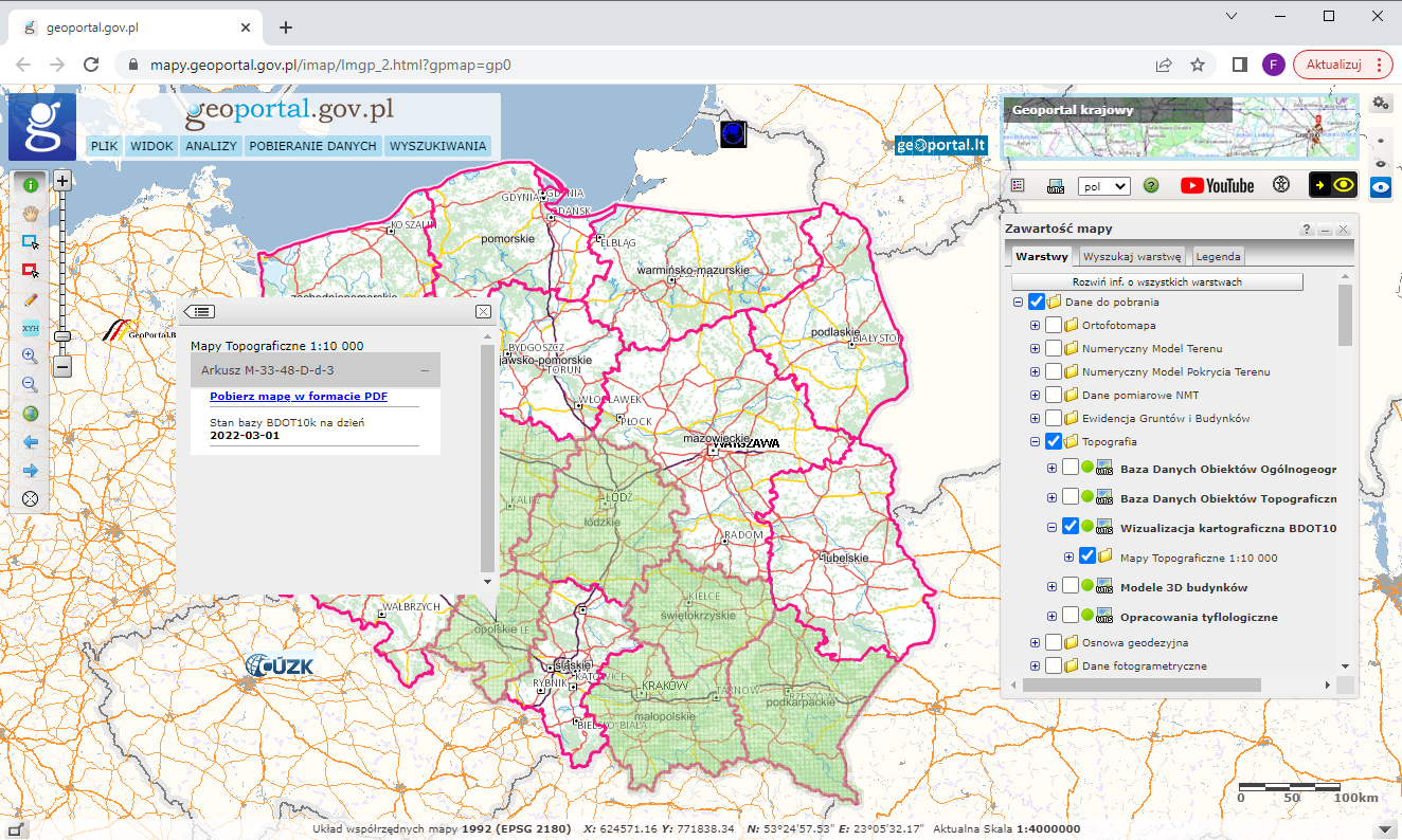 Ilustracja przedstawia zrzut ekranu z serwisu www.geoportal.gov.pl pokazujący w jaki sposób pobrać wizualizacje kartograficzne BDOT10k.