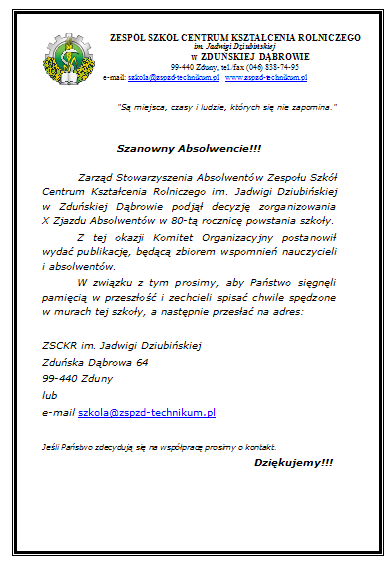 Zjazd Absolwentów 2010 – Prośba Organizatorów Zjazdu do Absolwentów