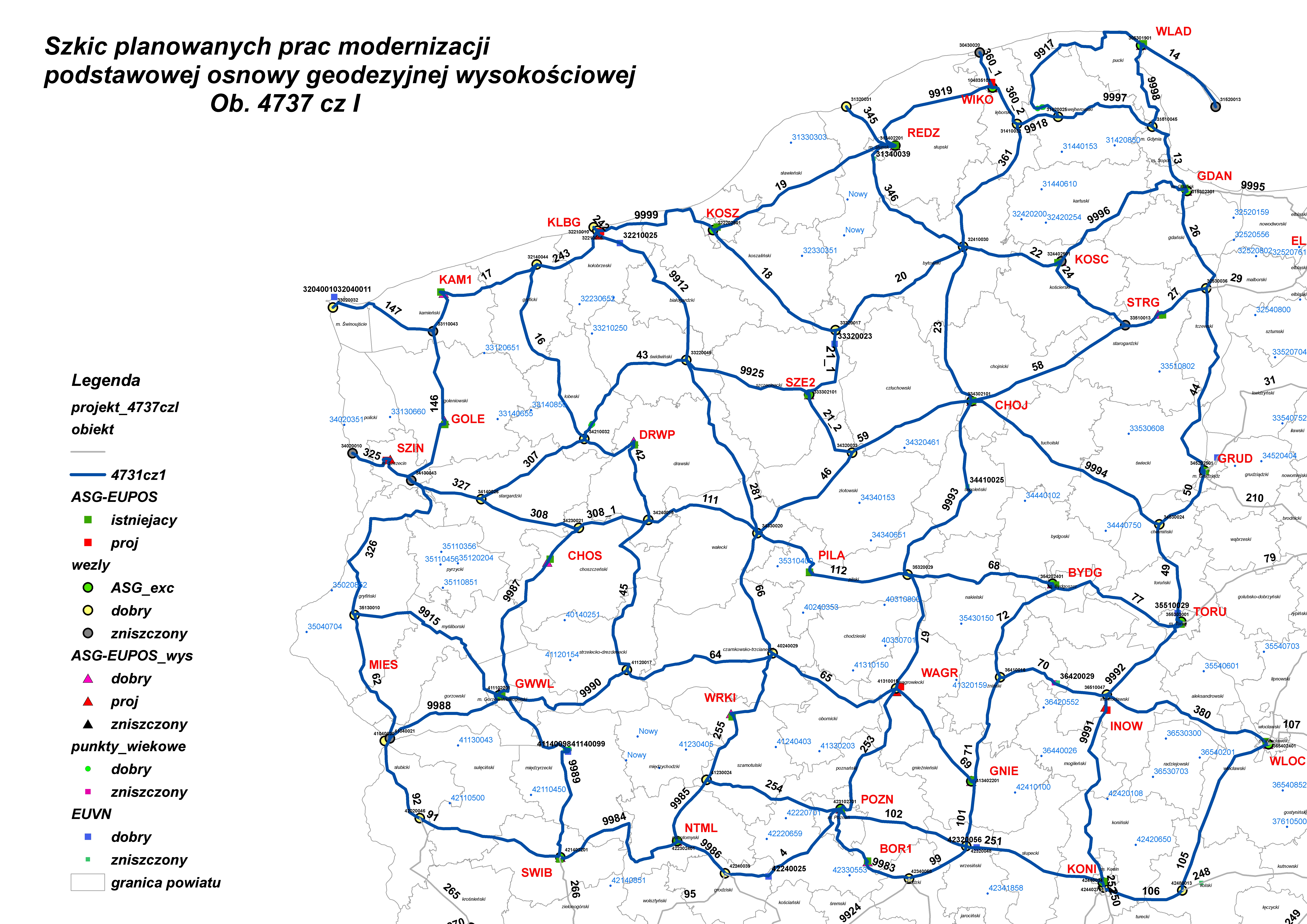 Ilustracja przedstawia fragment terytorium Polski z przebiegiem linii niwelacyjnych planowanych do przeglądu w ramach zawartej umowy.