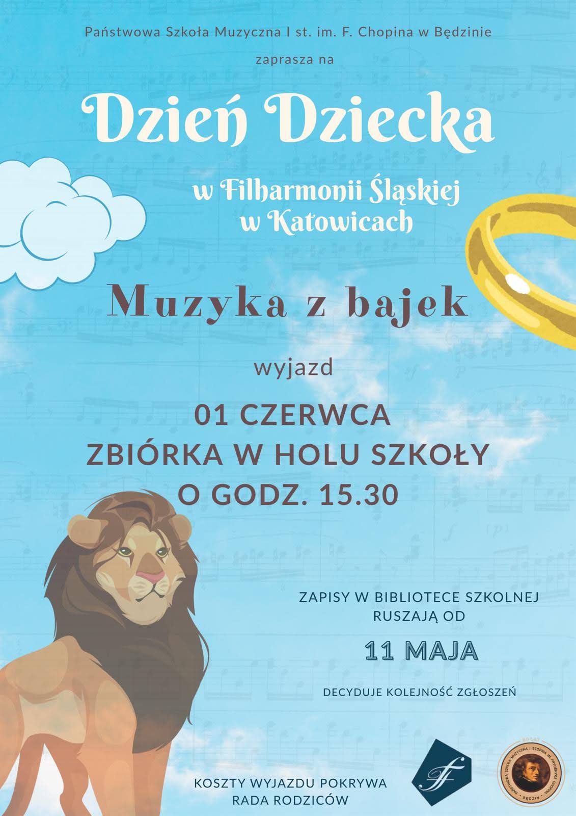 plakat na niebieskim tle, na dole ikona króla lwa, na środku opis wydarzenia 