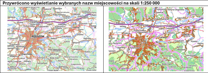 Ilustracja przedstawia przywrócone wyświetlanie wybranych nazw miejscowości na skali 1:250 000 i brak wyświetlania wybranych nazw miejscowości na skali 1:250 000 przed poprawą