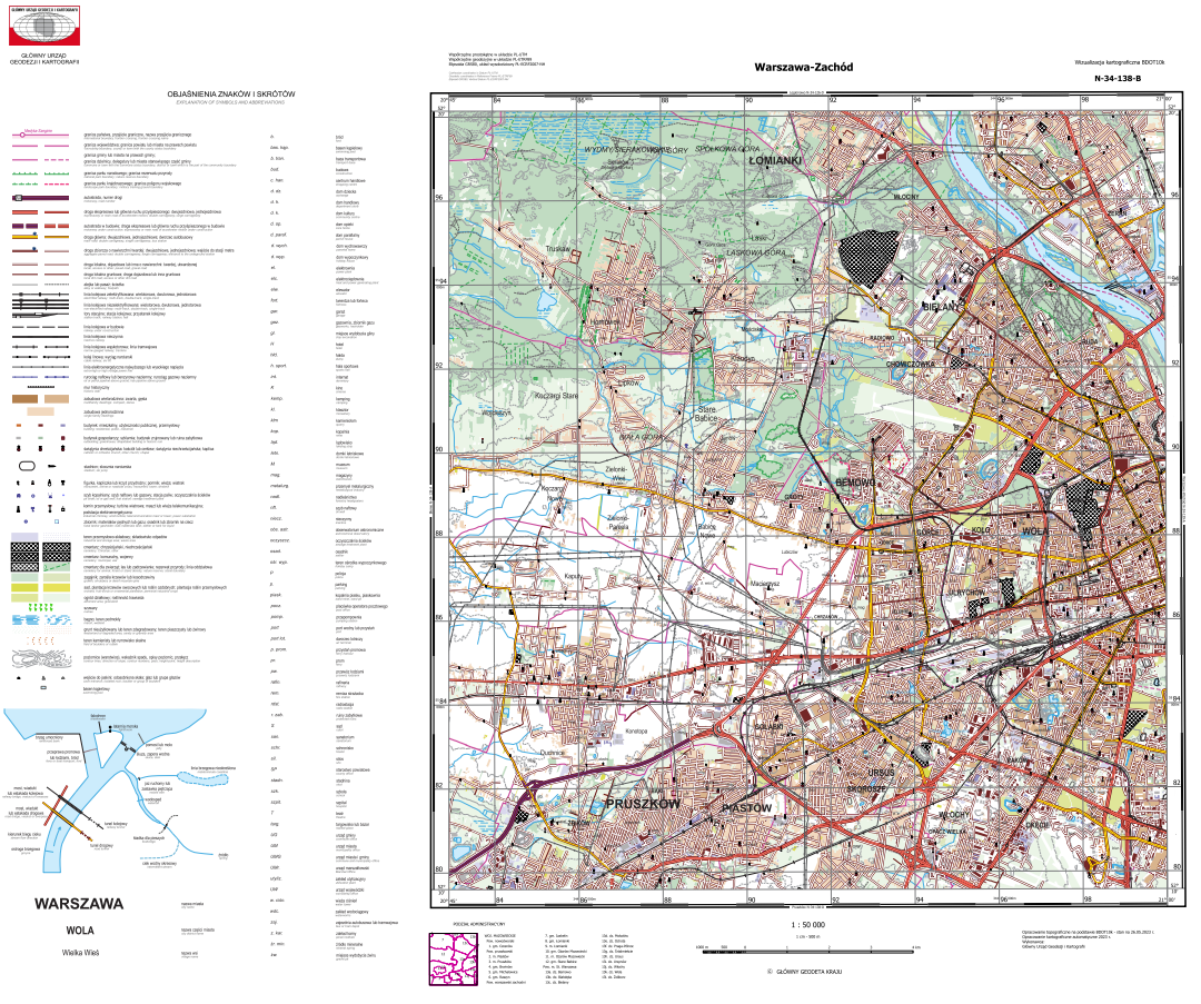 Ilustracja przedstawia przykładową wizualizację kartograficzną BDOT10k w skali 1:50000 dla m. Warszawy