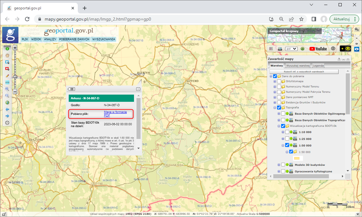 Ilustracja przedstawia zrzut z serwisu www.geoportal.gov.pl pokazujący sposób pobierania wizualizacji kartograficznych BDOT10k