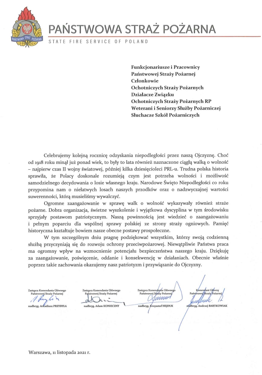 Życzenia Kierownictwa KG PSP z okazji Narodowego Święta Niepodległości