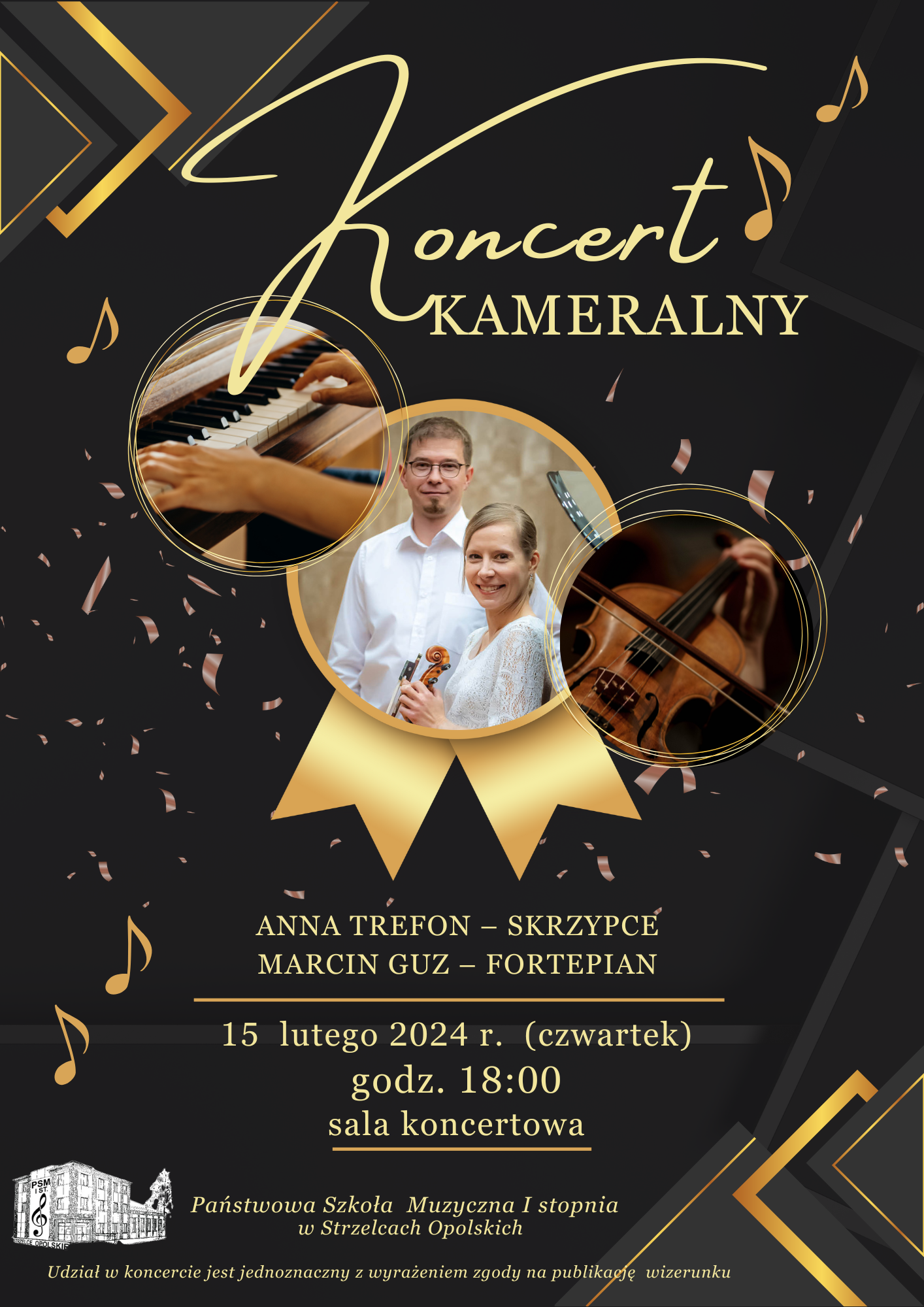 Plakat czarne tło ze złotymi dodatkami, na środku strony zdjęcie wykonawców, na dole strony informacje dotyczące koncertu i logo szkoły.