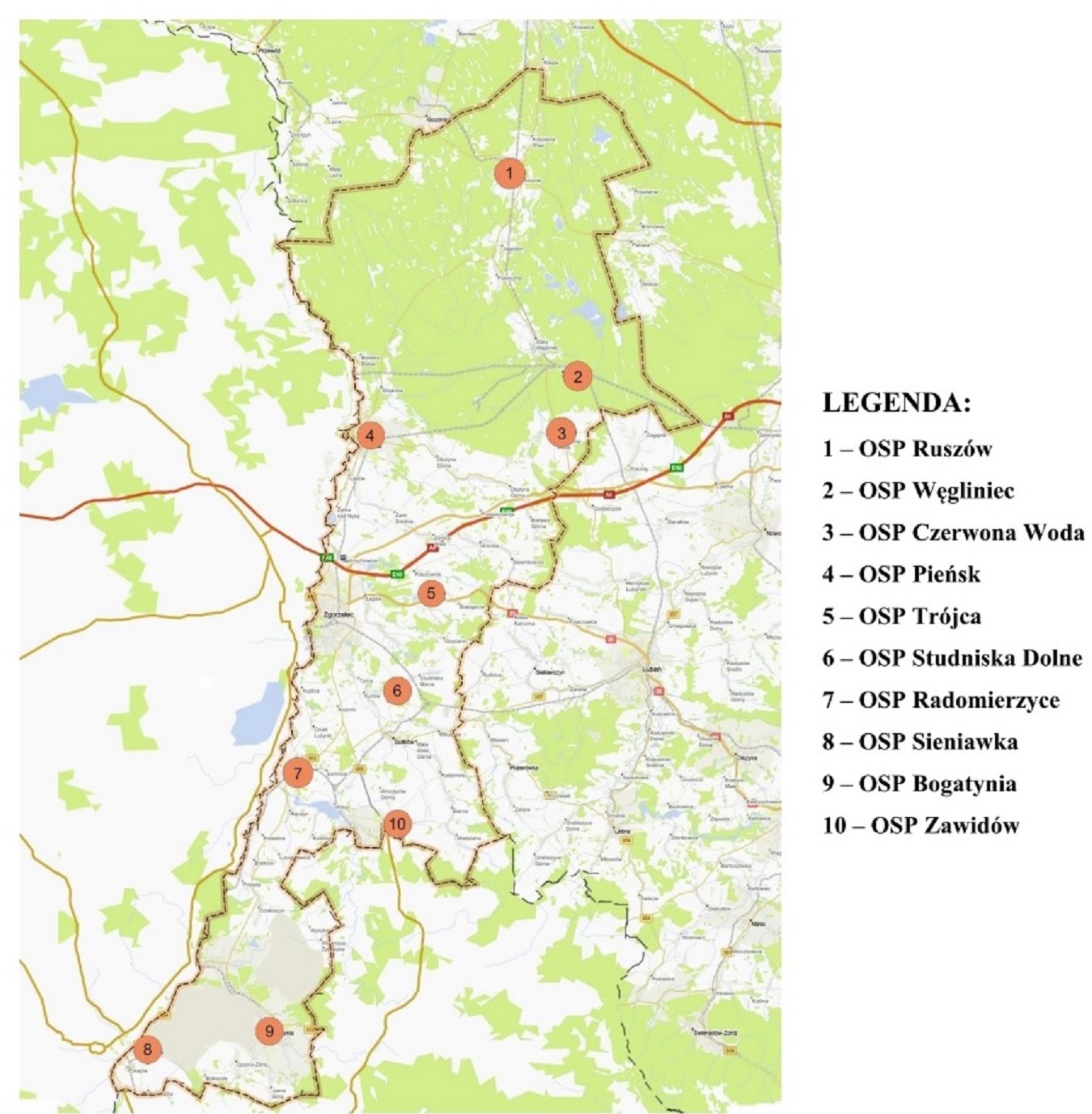 Mapa powiatu zgorzeleckiego z jednostkami OSP KSRG