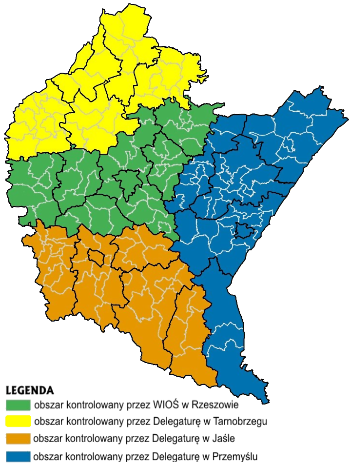 Obszary działania Wydziału Inspekcji w Rzeszowie i Działów Inspekcji w poszczególnych Delegaturach