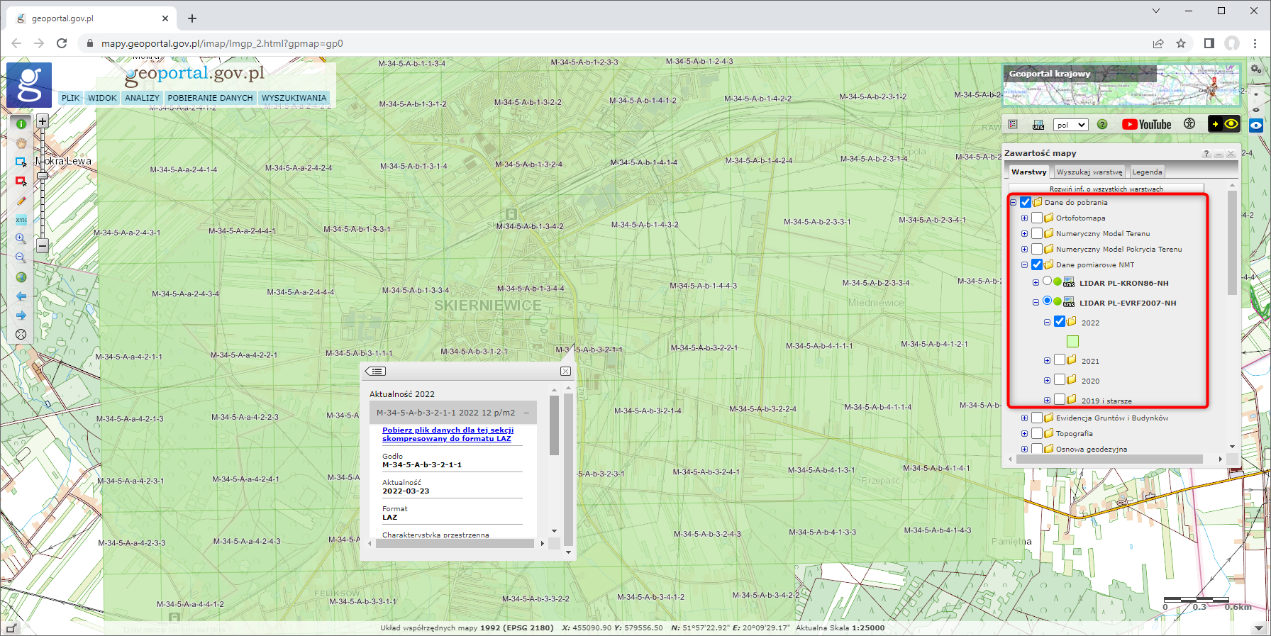 Ilustracja przedstawia zrzut ekranu ze skorowidzami prezentującymi zakres nowo przyjetych danych dla obszaru m. Skierniewice