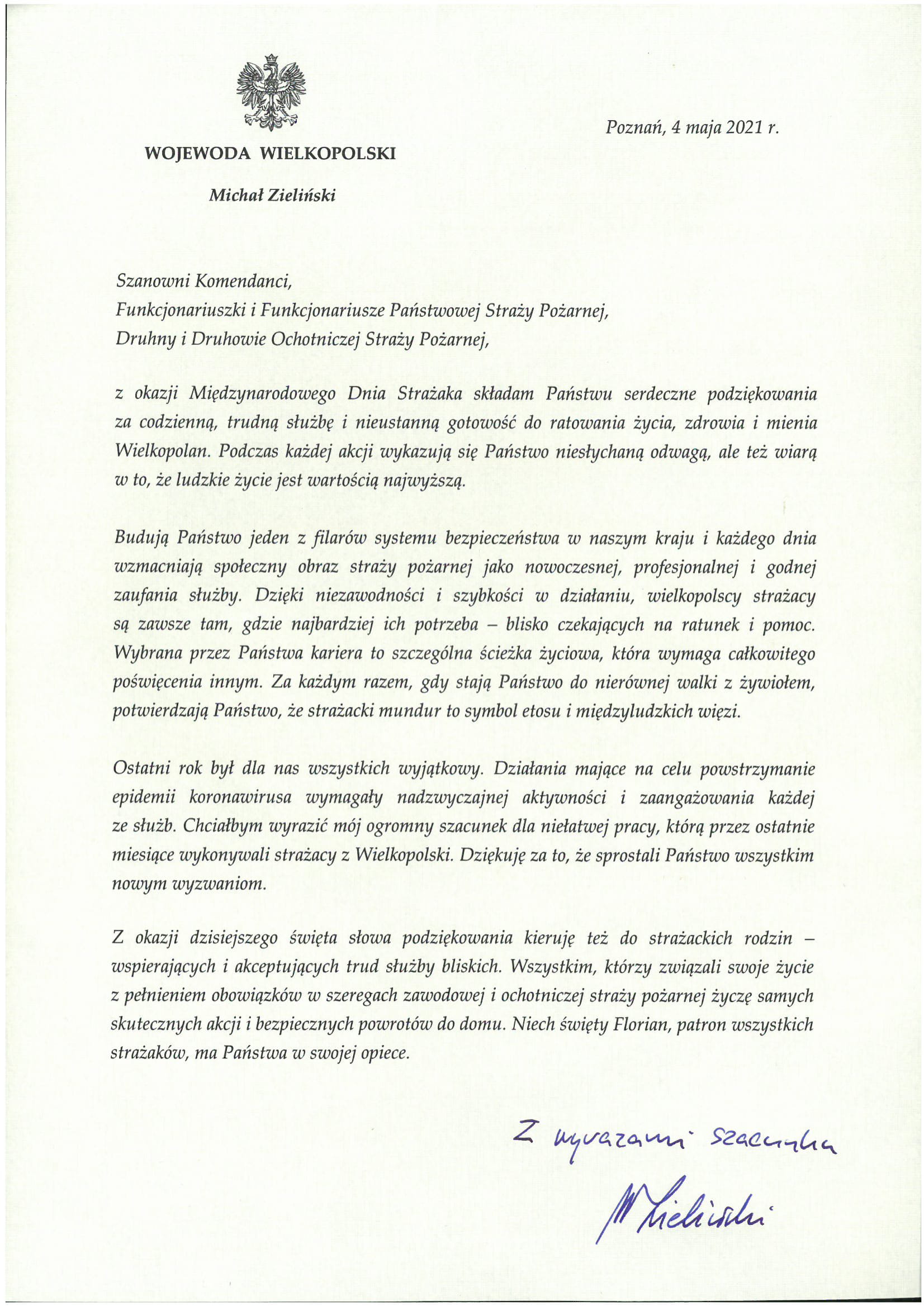 Życzenia Wojewody Wielkopolskiego z okazji Dnia Strażaka