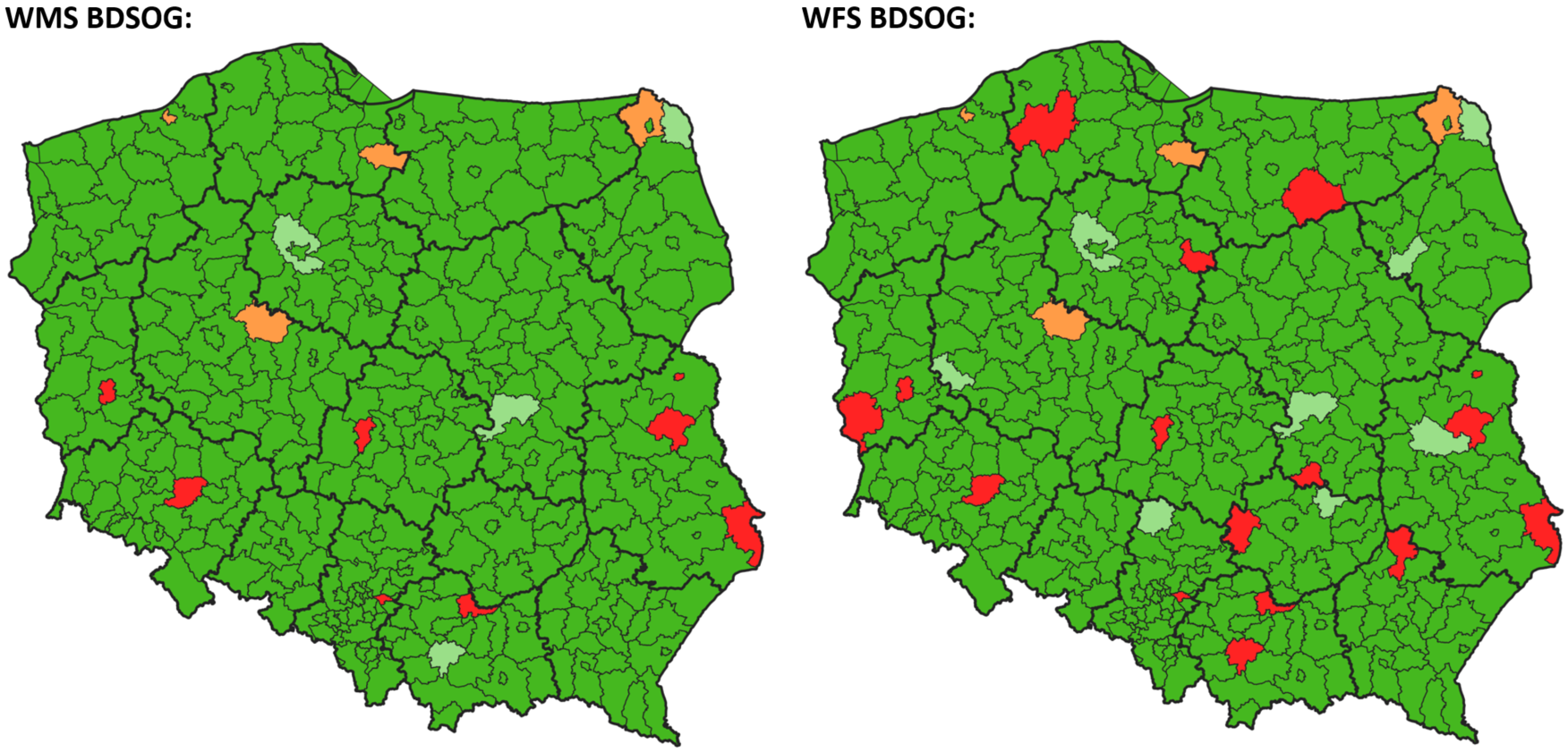 mapy prezentujące stan zgłoszonych usług WMS i WFS BDSOG
