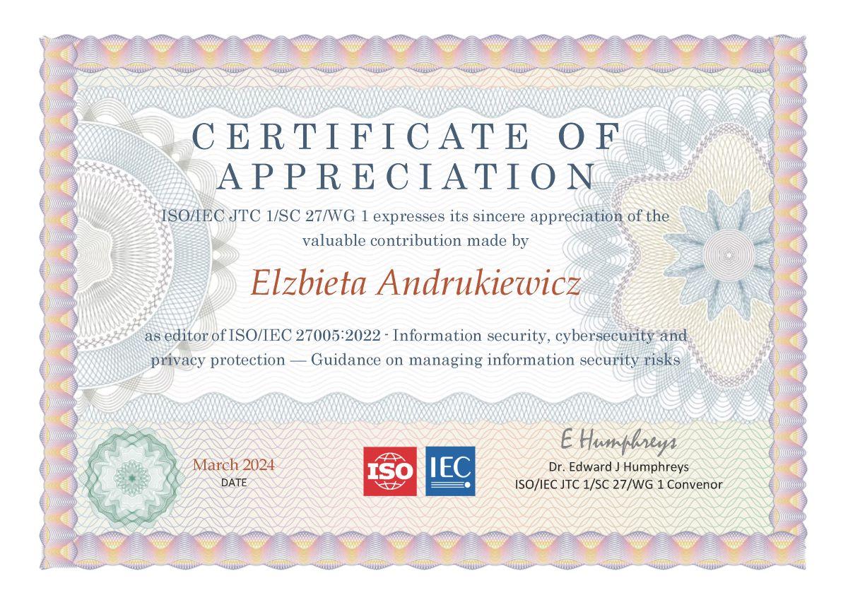 Certyfikat ISO dla Elżbiety Andrukiewicz