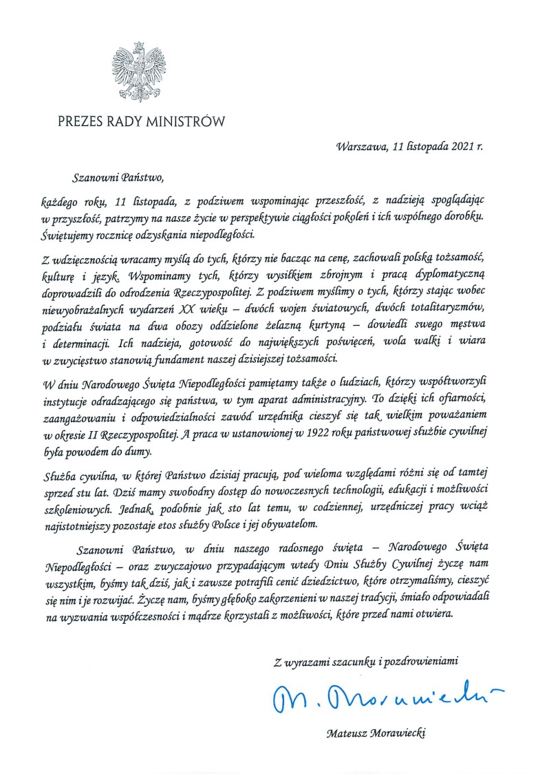 List Prezesa Rady Ministrów z okazji 11 Listopada