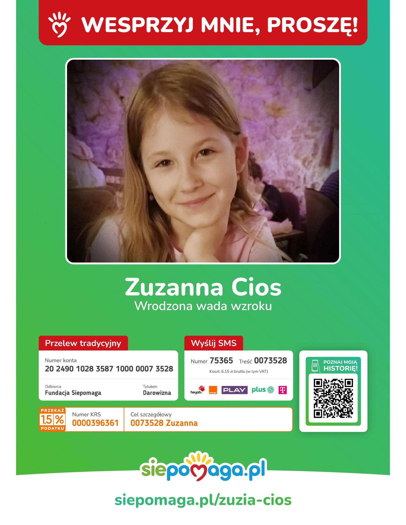 plakat na zielonym tle, na środku zdjęcie dziewczynki, na dole informacje o dokonaniu wsparcia