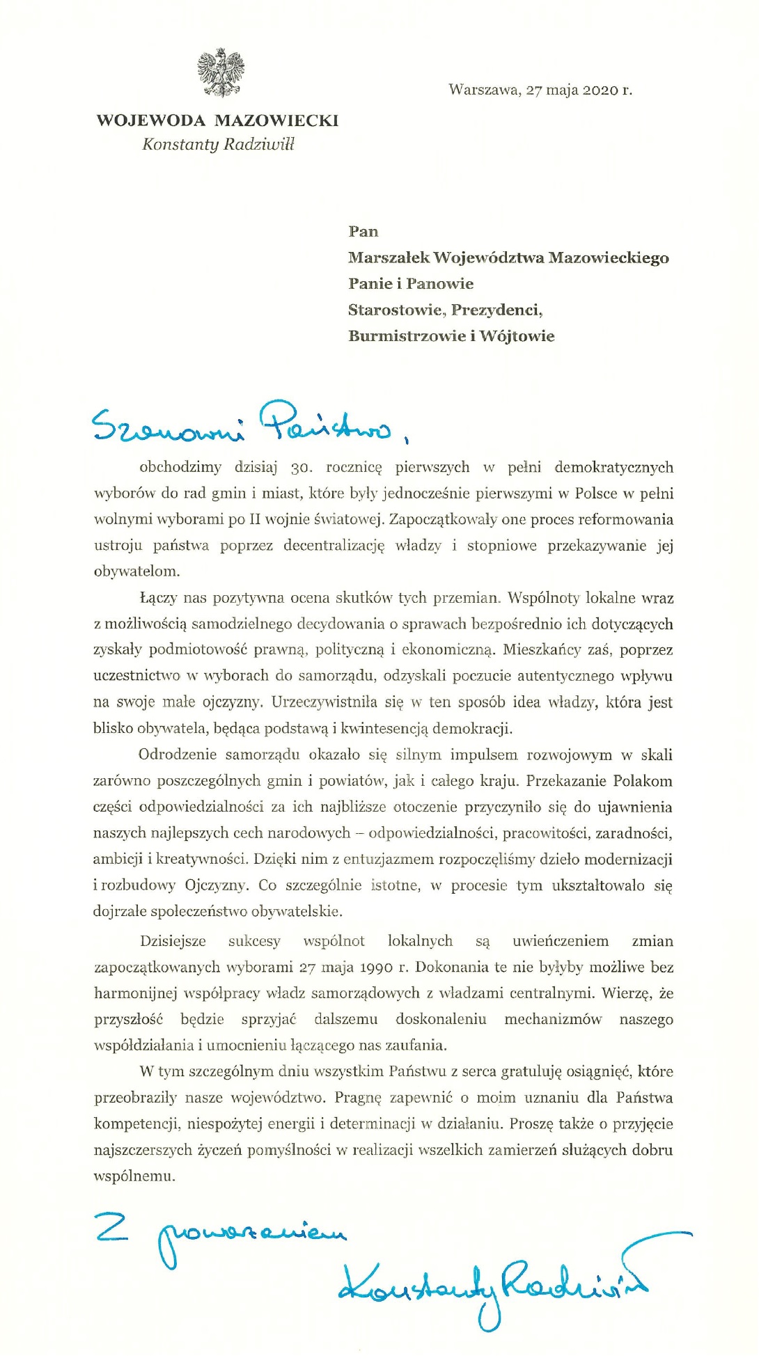 Dzień Samorządu Terytorialnego - życzenia Wojewody Mazowieckiego